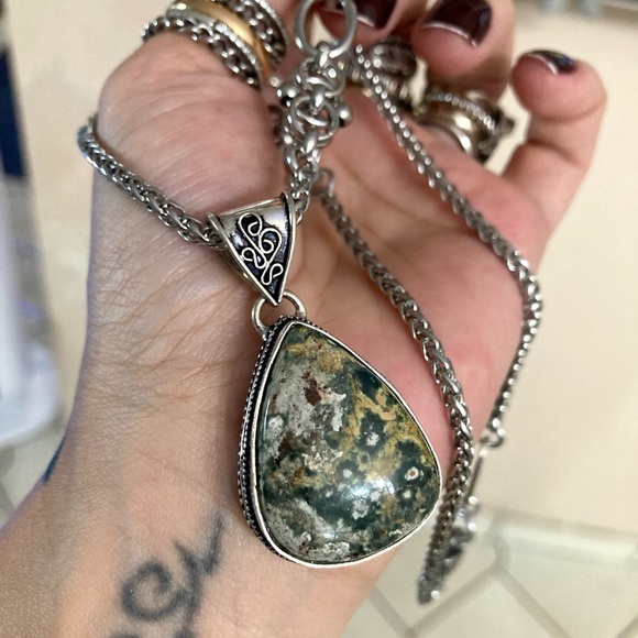 925 sterling overlay ocean moss agate jasper stone charm chain boho necklace - Picture 15 of 16